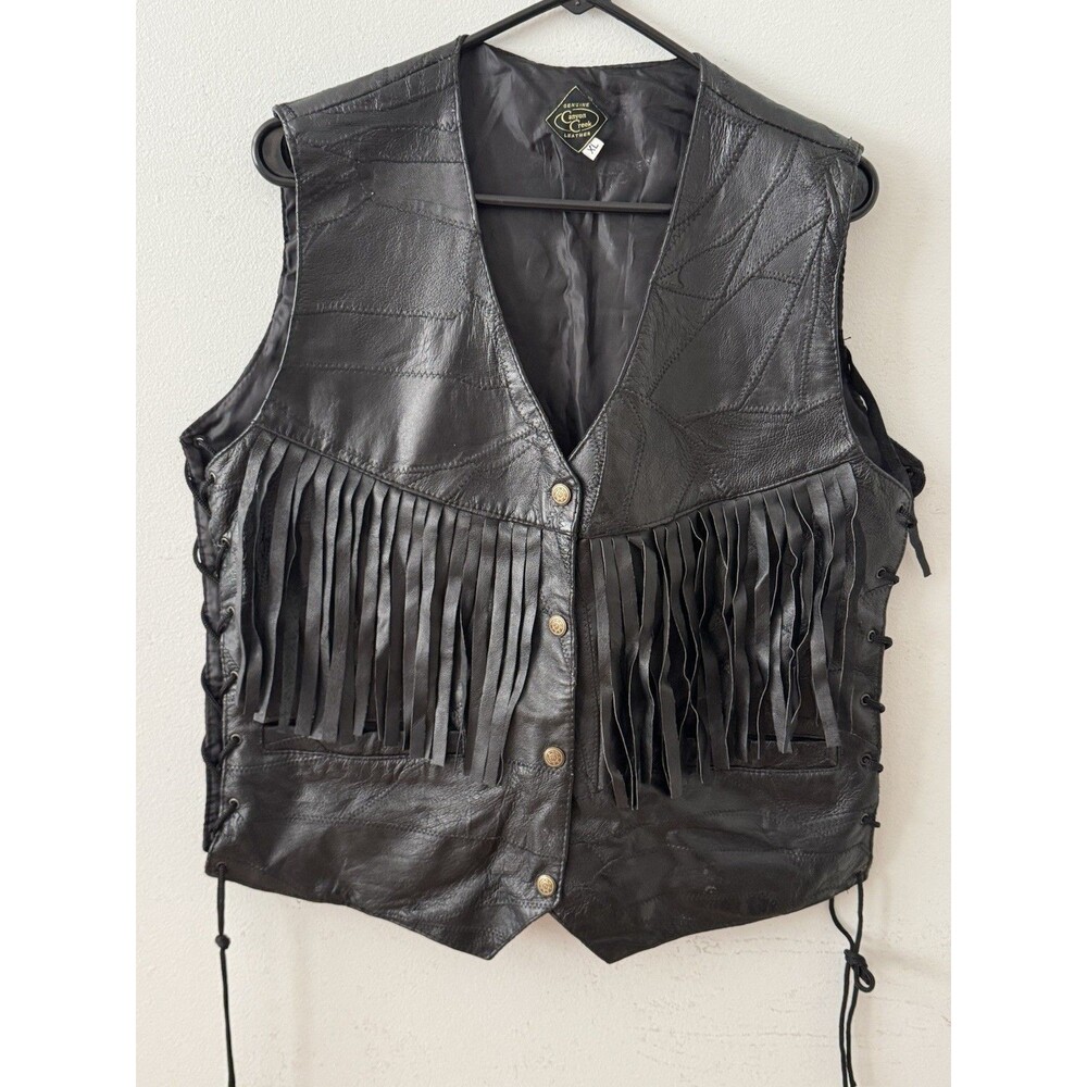 Canyon Creek Women’s Black Fringe Biker Leather Patchwork Vest Size XL